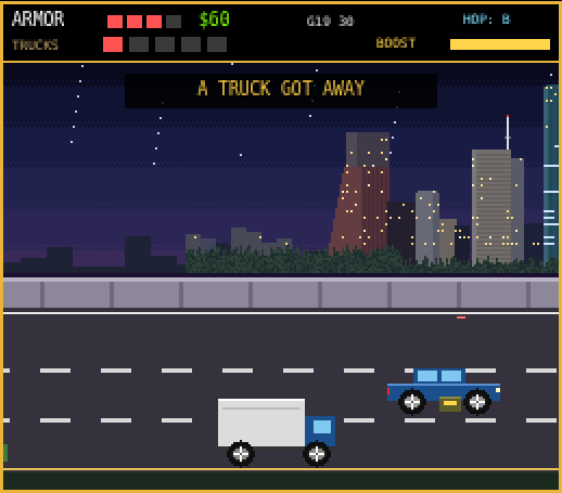 Game scene: hover bike chasing Birnam trucks on I-45