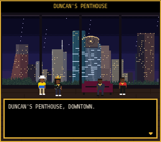 Game scene: Duncan's penthouse with the downtown Houston skyline at night